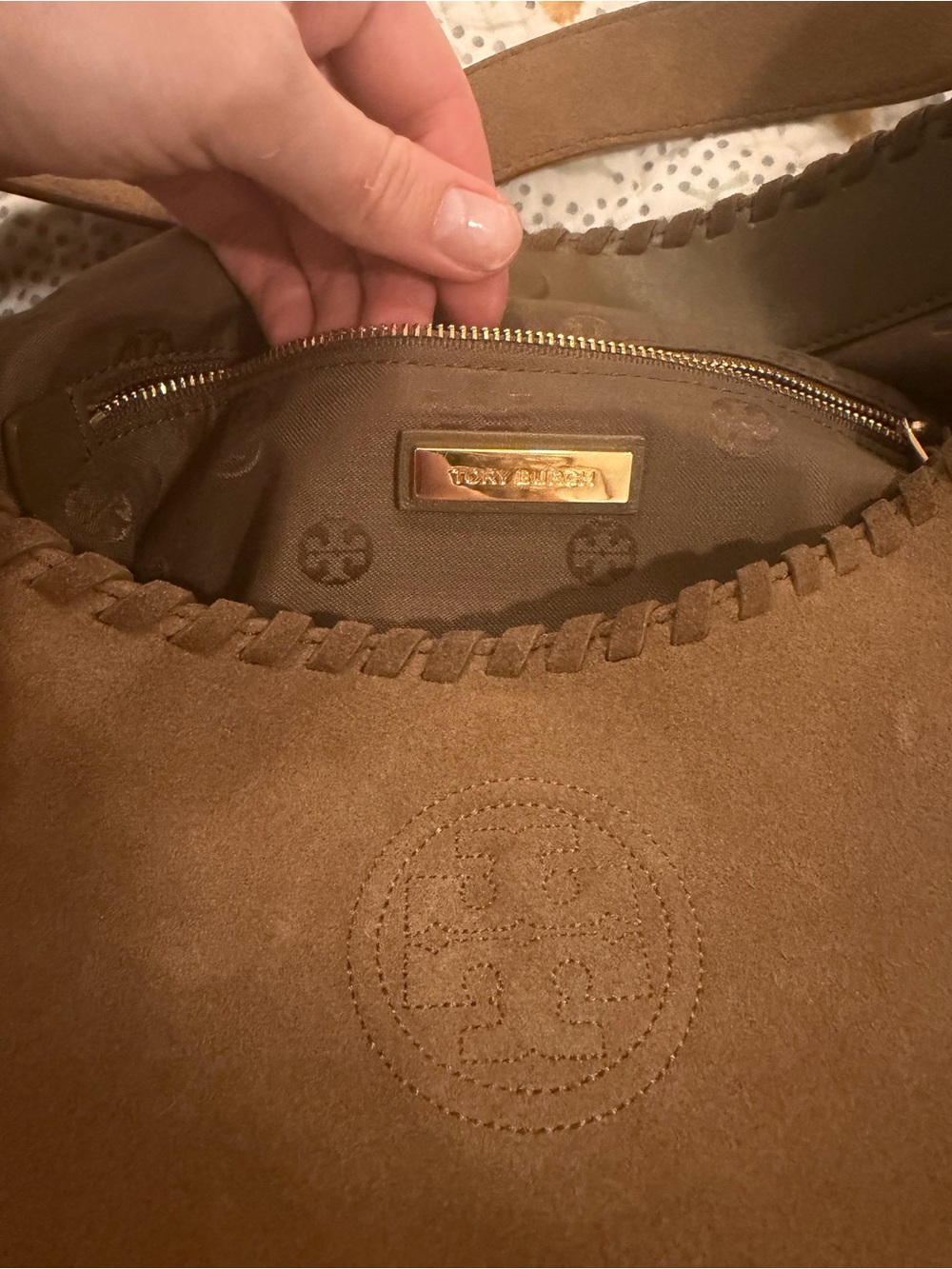Tory Burch Brown Suede Shoulder Bag with Logo Medallion